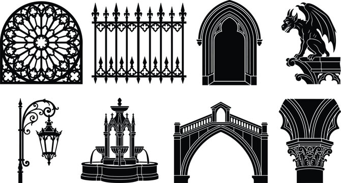 Gothic Architecture Silhouette Icon Set Featuring Cathedral Elements, Gargoyle, Arches, and Ornamental Designs