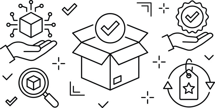 Quality assurance line icon set with verified product box tech hand certificate award checkmark magnifying glass vector