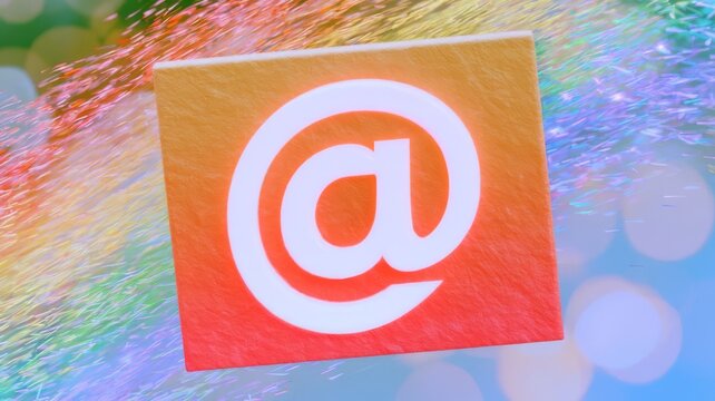 Vibrant at symbol icon floating within abstract rainbow particle background for digital communications and email networking concepts.