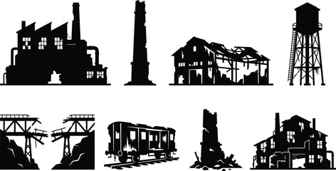 Obraz premium Abandoned Industrial Building and Ruined Factory Silhouette Collection with Water Tower and Railway Structures