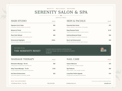 Elegant Salon and Spa Service Price Menu Template