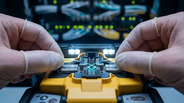 Technician hands in latex gloves operating fiber optic fusion splicer machine in data center room