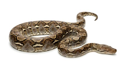 Fototapeta premium Exotic Python Snake Coiled on White Background Wildlife Reptile Photography