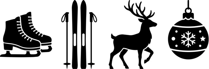 Fototapeta premium Winter Sports and Holiday Icons Featuring Skates Skis Deer and Ornament
