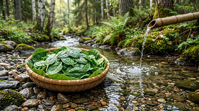 Spinach fills a basket by a babbling brook.