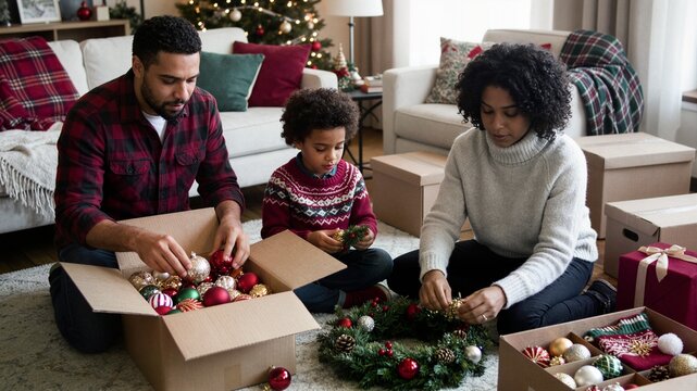 Family unpacking Christmas decorations from cardboard boxes in living room ideal for holiday preparation home relocation moving service and family lifestyle content