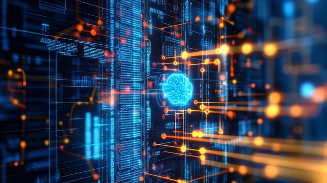 Artificial intelligence brain network abstract data visualization technology concept for digital cyber future security systems.