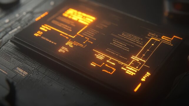 Futuristic electronic circuit board with glowing orange data infographic schematics interface display.