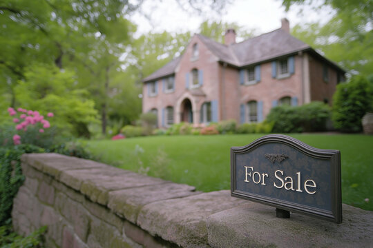 A for sale sign plate on the background of a cottage mansion.
