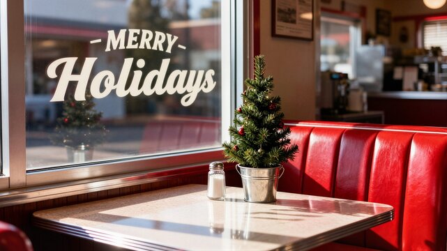 Retro diner interior booth decorated with mini Christmas tree and Merry Holidays window sign ideal for festive restaurant promo