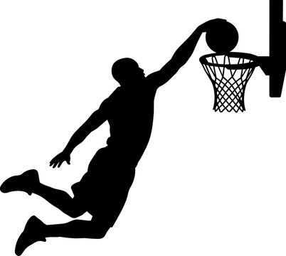 Silhouette of a basketball player performing a slam dunk against a white background