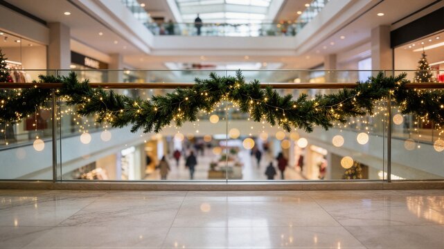 Luminous christmas garland decoration on glass railing in modern shopping mall hallway ideal for retail holiday sale marketing banner and seasonal promotion