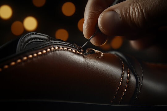 A leatherworker sews leather with a needle close up background. Leatherworking.