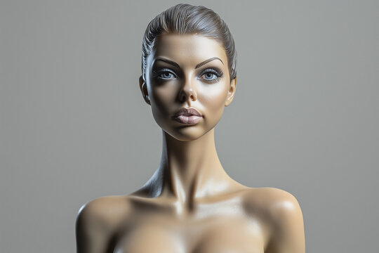 Ultrarealistic plastic female mannequin on a gray background.