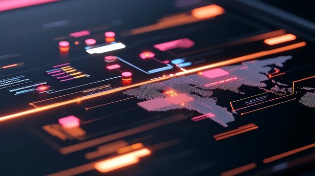 Futuristic digital global map interface with glowing data points and complex network analytics visualization background.