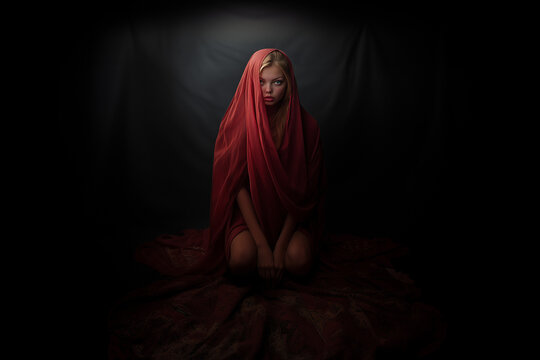 Beautiful woman wrapped in red fabric veil on dark background.