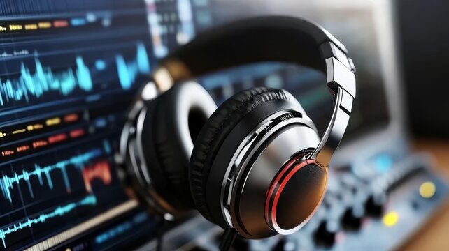 Professional studio headphones sitting on audio mixing console equipment in music production environment high fidelity.