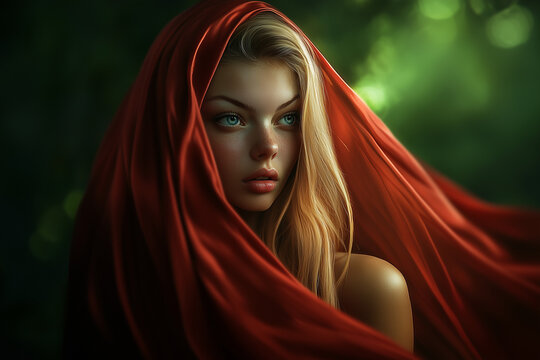 Beautiful woman wrapped in red fabric veil on dark background.