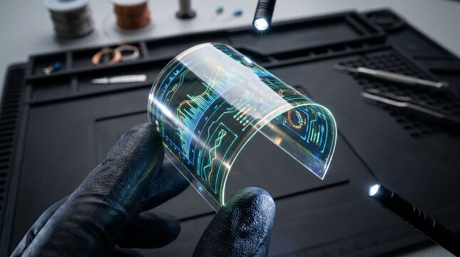 Gloved hands holding flexible transparent digital display showing glowing data charts on electronics laboratory workbench