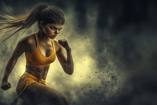 Girl martial artist practicing karate on a dark background..
