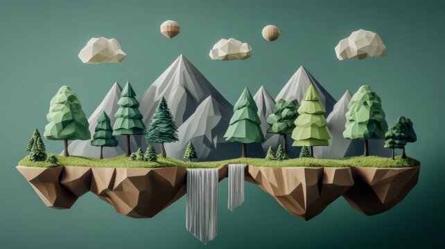 Low poly floating island landscape with mountains trees waterfall clouds digital art.