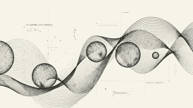 Abstract wave pattern with spheres and scientific graphics