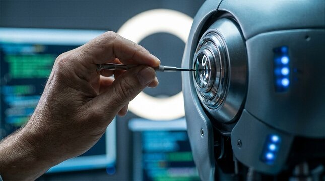 Technician repairing cybernetic humanoid robot eye with small screwdriver in modern software development and robotics lab