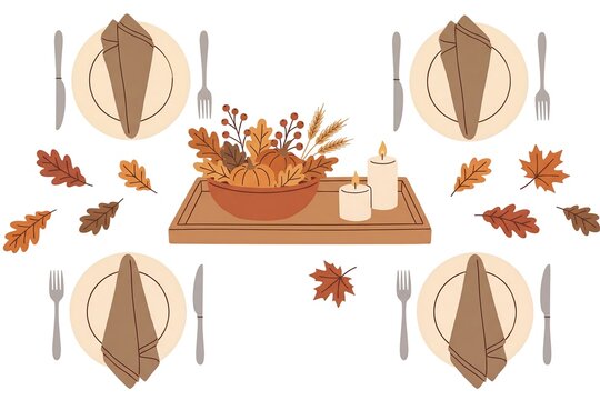 Autumn Thanksgiving table setting illustration, festive dinner place arrangement with plates and napkins, fall harvest centerpiece with pumpkins and candles 4K
