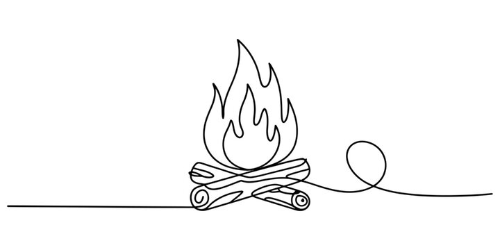 Continuous single line drawing of a campfire with burning logs and flames