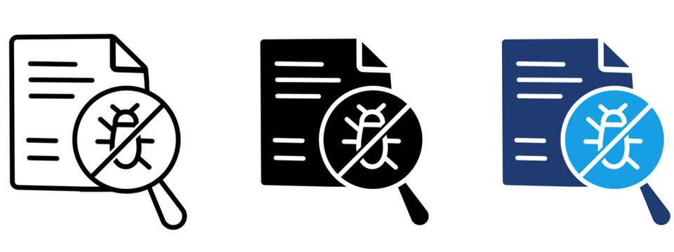 Document bug search icon set with magnifying glass inspecting paper document and crossed-out bug. Symbol of code audit, software debugging, error detection, virus scan and file inspection