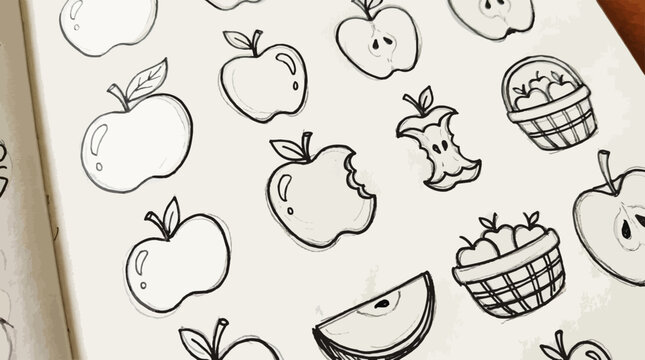 Hand-drawn Apple Illustrations: Whole, Bitten, Sliced, and Basket