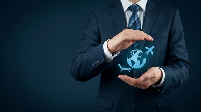 Businessman protecting glowing earth globe airplane and lounger icons representing secure travel insurance
