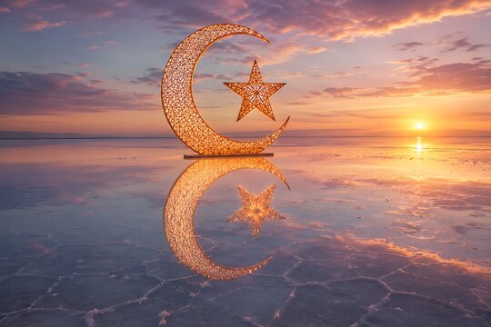Glowing Crescent and Star Installation at Chott el Djerid Salt Lake Sunrise