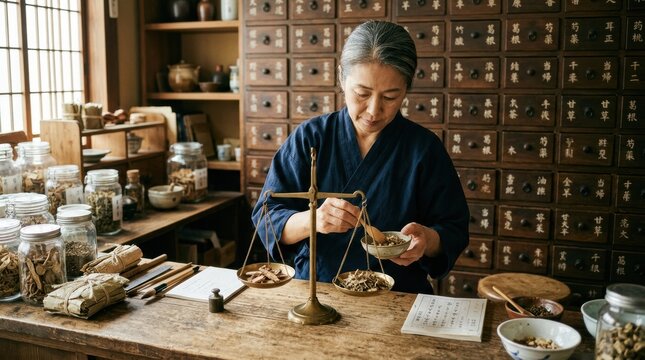 A Japanese Kampo (traditional herbal medicine) practitioner carefully weighing dried herbs on a small brass scale in a traditional apothecary.