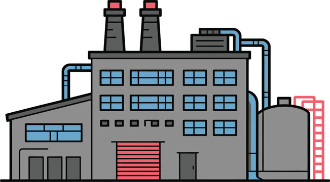 Factory Building Vector Illustration with Smokestacks and Loading Docks in Flat Style on a Clean White Background