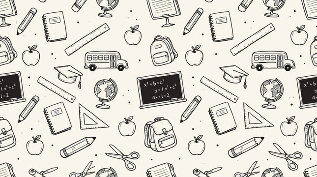 Back to School Doodle Pattern: Supplies, Bus, Globe, Apple, Math