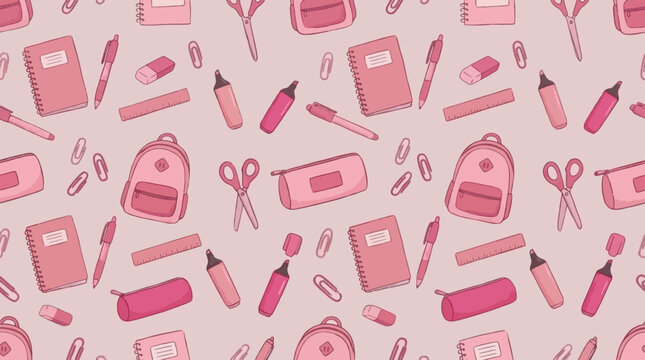 Pink School Supplies Pattern: Backpacks, Notebooks, Pens, Scissors