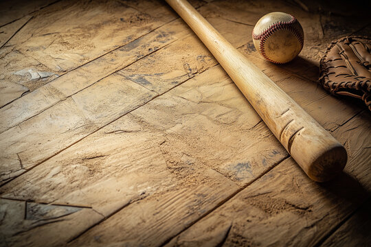 Baseball bat, ball, and catcher glove on an old table close up background.