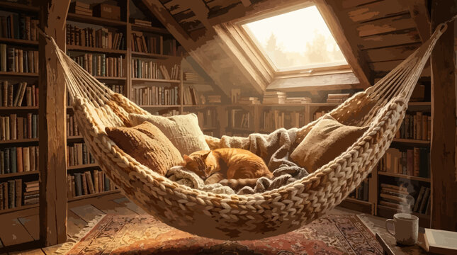 Cozy Hammock with Sleeping Cat in Attic Library, Warm Sunlight