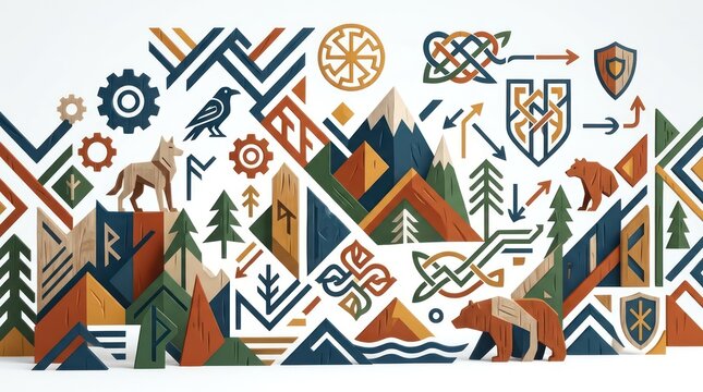 Geometric forest landscape with mountain wolf and bear symbols