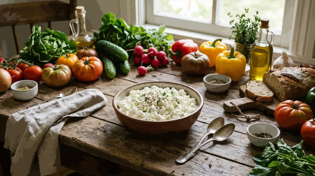 Fresh Harvest Bounty: Rustic Table Laden with Organic Vegetables, Bread, and Salad