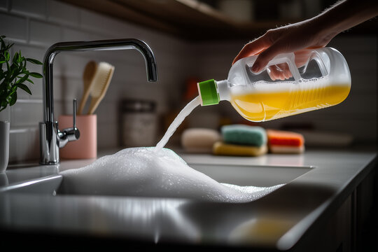 Person pouring drain cleaner into a sink in close up background.