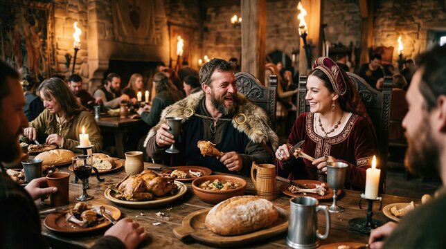 Man and woman wearing traditional medieval clothes eating dinner in a tavern. Noble couple laughing at a banquet table filled with roasted food and drink. Historical life in Middle Ages.