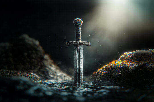 Ancient old knight warrior sword sticking out of the ground at the bottom of the sea background.