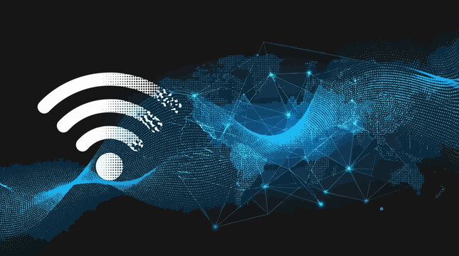 Abstract Digital Wi-Fi Signal Waves and Network Connections on Dark Background