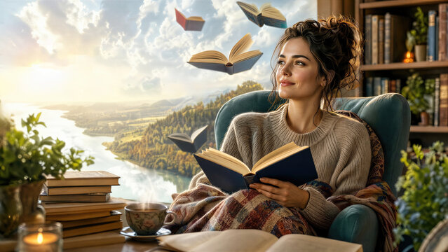 Woman reading a book in an armchair surrounded by flying books. Magical literature experience concept for National Book Lovers Day. Dreamy library interior with cozy atmosphere and view.