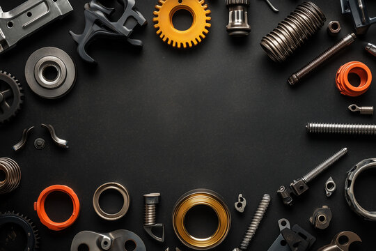 Car spare parts on a auto service workbench top view background..