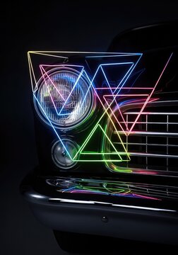 A close-up of a classic vintage car headlight and chrome grill merged with colorful neon geometric triangles and sleek linear patterns, pattern, abstract, futuristic