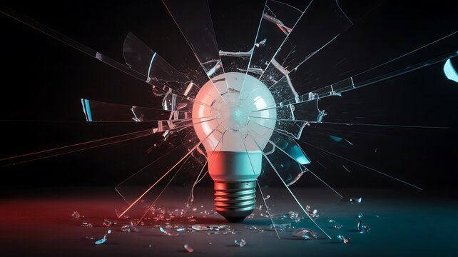 Broken glowing light bulb with shattered glass symbolizing innovation and creative ideas