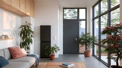 Fototapeta premium A minimalist modern living room with large indoor plants and a gray door leading outside